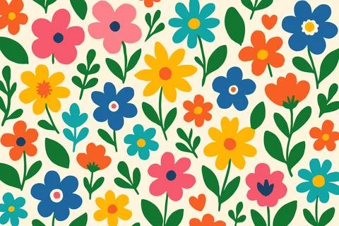 Vibrant hand drawn floral pattern with colorful blooming flowers and green .. Stock Illustration