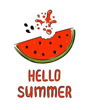 A vibrant hand drawn hello summer card with a watermelon slice, ideal for summer Stock Illustration