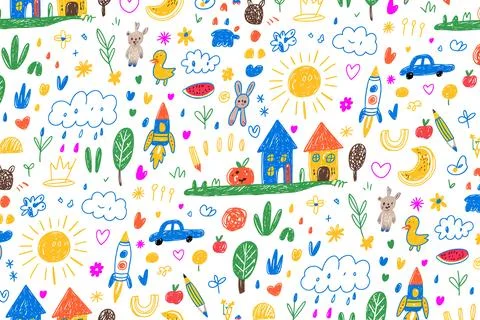 Vibrant hand-drawn pattern with houses, animals, and flowers in rainbow col.. 库存插图