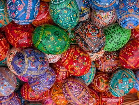 Vibrant Hand-Painted Czech Easter Eggs Background Stock Photos