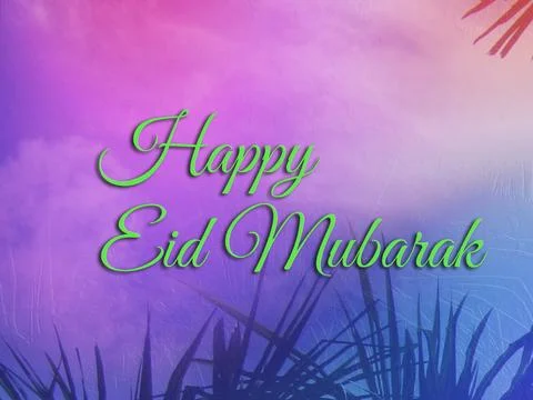 Vibrant Happy Eid Mubarak greeting with neon script over a purple-pink grad.. Ilustração Stock