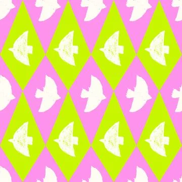 Vibrant harlequin bird seamless pattern with white chalk silhouettes on pink and Stock Illustration