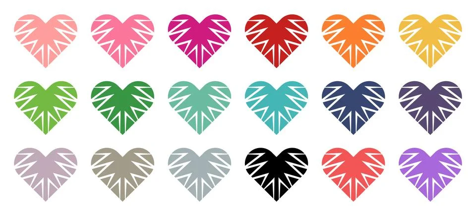 Vibrant heart vector set with white geometric zig zag patterns in multiple 스톡 일러스트