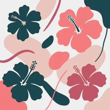 Vibrant Hibiscus Flower Pattern with Abstract Shapes. Stock Illustration