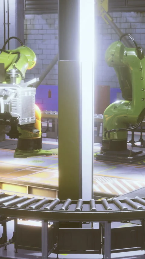 Vibrant high tech robotic assembly line in a modern factory Stock Footage 327381804