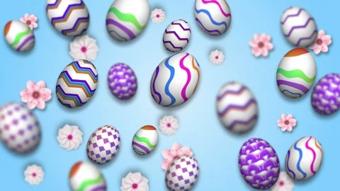 Vibrant holiday eggs tumbles through the air alongside delicate pink blooms Stock Footage 331129644