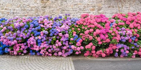 Vibrant Hydrangeas Against a Rustic Stone Wall in Pontrieux, Brittany Stock Photos