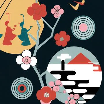 Vibrant illustration with asian elements for a poster 스톡 일러스트