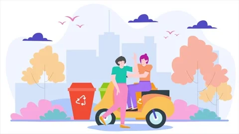 A vibrant illustration showing two characters engaging in recycling efforts Stock Footage 285110064