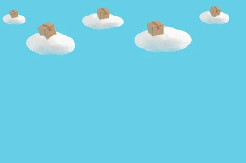 Vibrant image of packages floating through a white cloudy sky, concept of cloud Stock Photos