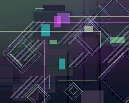 Vibrant intersecting lines, translucent rectangles, and diamond shapes crea.. Stockillustratie