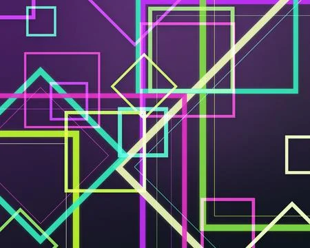 Vibrant intersecting squares, rectangles, and diagonal forms create a glowi.. イラスト素材