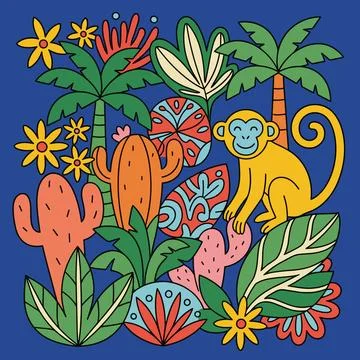 Vibrant Jungle Scene with Monkey, Cacti, and Tropical Foliage. Illustrazione stock