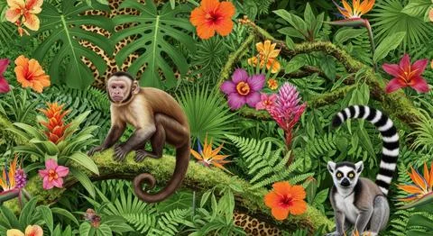 Vibrant jungle scene with monkeys lemur and tropical flowers Stockillustratie