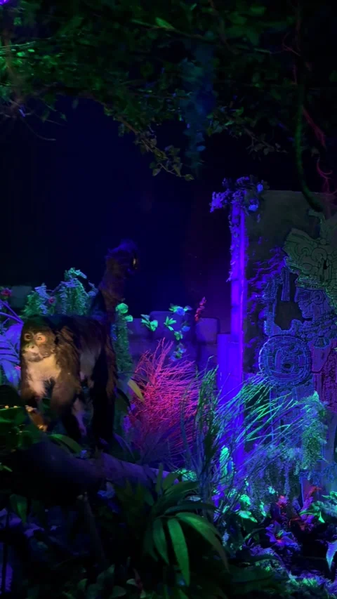 Vibrant Jungle Stage Setup with Monkey and Lush Vegetation Stock Footage 321280805