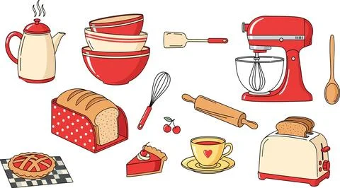 Vibrant kitchen illustration featuring a teapot, pie, bread, and toaster amon Stock Illustration