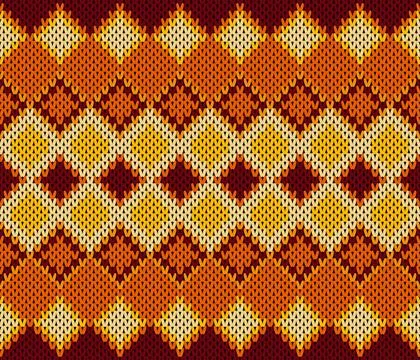 Vibrant knitted pattern in warm oranges, yellows, and reds, featuring bold g Stock Illustration