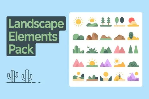 Vibrant landscape pack with mountains, trees, sun, and water in style 스톡 일러스트