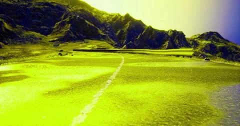 Vibrant landscape with winding road surrounded by mountains at sunset Stock Illustration