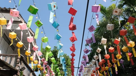 Vibrant Lanna lanterns decorating temple grounds 動画素材 338268549