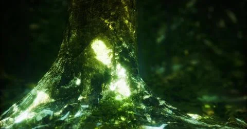Vibrant light showcasing the roots of a tree in a lush forest setting Stock Illustration