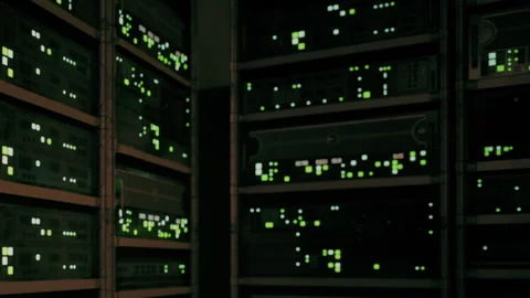 Vibrant Lights Dance Across a Network of Servers in a High Tech Facility Stock Footage 348489842