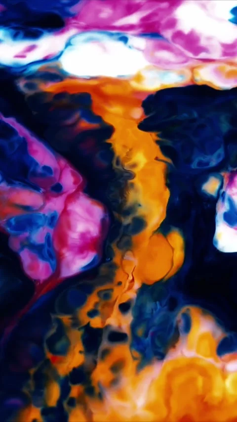 Vibrant liquid paint mixing in motion with swirling pink blue and orange colors Video stock 347692385