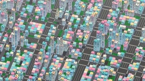 Vibrant loopable isometric animation displays a sprawling pastel city grid Stock Footage 338131210