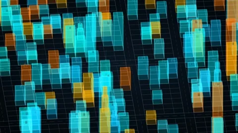 Vibrant loopable isometric cityscape, abstract rotating digital data grid Stock Footage 337893357