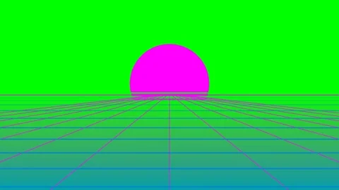 A vibrant magenta sun rising over a digital green perspective grid horizon Video stock 340266476