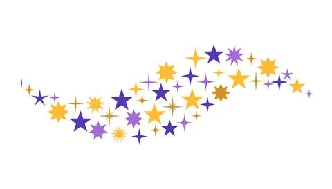 Vibrant magic flowing wave of colorful stars in purple, orange, and gold to.. Illustrazione stock