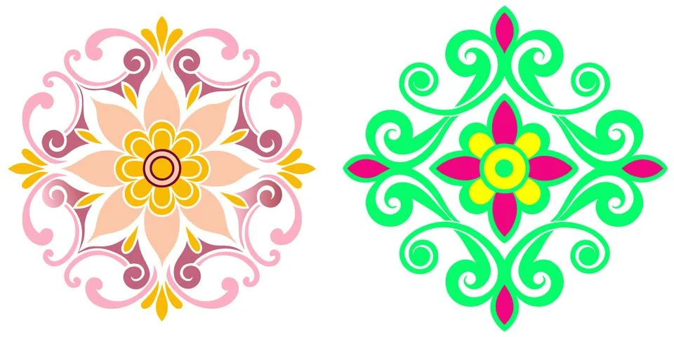 Vibrant mandala and floral pattern designs for decorative purposes. Stock Illustration