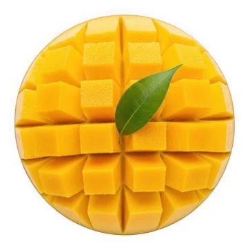 A vibrant mango cut into cubes with a single leaf on top. Illustrazione stock