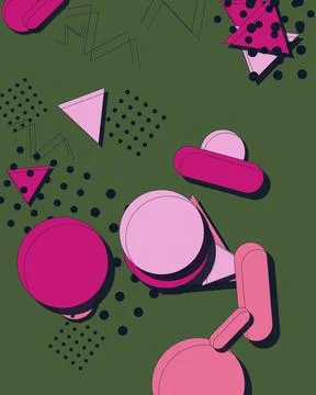 Vibrant Memphis Abstract Pattern with Pink Geometric Shapes on Dark Green B.. Stock Illustration