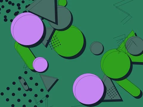 Vibrant Memphis Style Abstract Background with Green and Purple Geometric S.. Illustrazione stock
