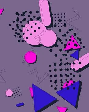 Vibrant Memphis Style Abstract Background with Geometric Shapes and Neon Re.. Stock Illustration