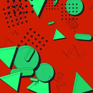Vibrant Memphis Style Abstract Background with Green Geometric Shapes on Re.. 스톡 일러스트