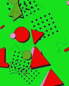 Vibrant Memphis Style Abstract Pattern with Geometric Shapes on Green Backg.. Stock Illustration