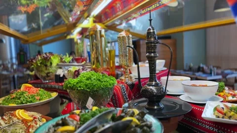 Vibrant Middle Eastern Feast: 4K Culinary Delight in a Luxurious Setting. Stock Footage 306811324