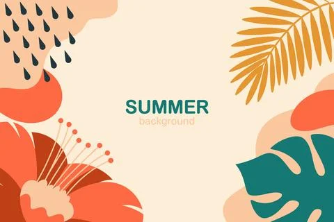 Vibrant minimalist summer background, with stylized palm, leaves, sun, and,.. Stockillustratie