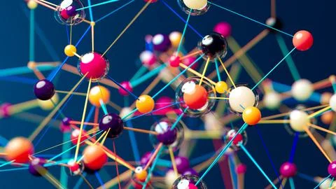 Vibrant Molecular Network: Interconnected Colorful Spheres Visualization Stock Illustration