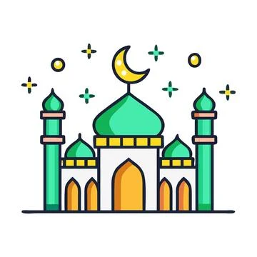 Vibrant mosque artwork with crescent moon and starry lights celebrating isl.. Stock Illustration