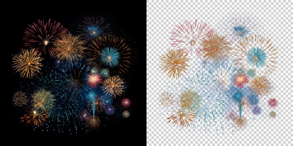 Vibrant multi colored fireworks display isolated on white and dark backgrou.. Stock Illustration