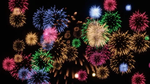 Vibrant multi colored fireworks exploding against a pure black background. Stockbeeldmateriaal 319892101