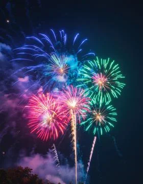 Vibrant multi colored fireworks exploding against a pure black background. 写真素材