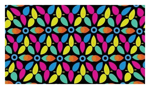 Vibrant multi colored geometric floral pattern with playful shapes on black.. Stock Illustration
