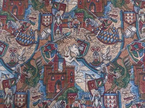 Vibrant multi coloured medieval pattern tapestry material Stock Photos