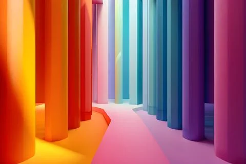 Vibrant multicolored columns in a perspective view creating an abstract hallw Stock Photos
