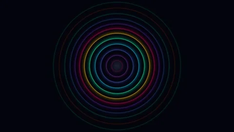 Vibrant multicolored concentric circles radiating on a deep black background Video stock 335117283