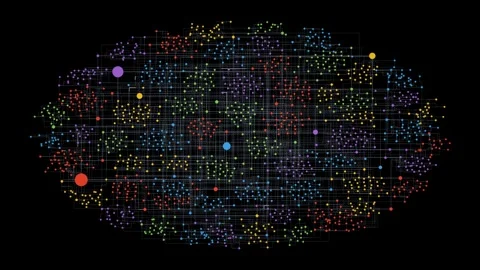 Vibrant multicolored dots connecting, abstract AI neural network or machine Video stock 345885181